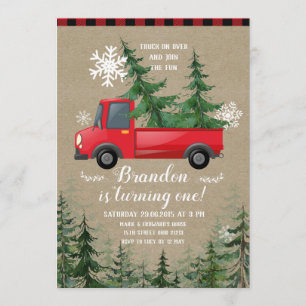 Christmas Truck Rustic Plaid Birthday Invitation