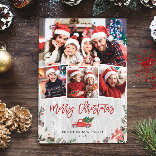 Christmas Truck Rustic White Birch Bark 4 Photo Holiday Card