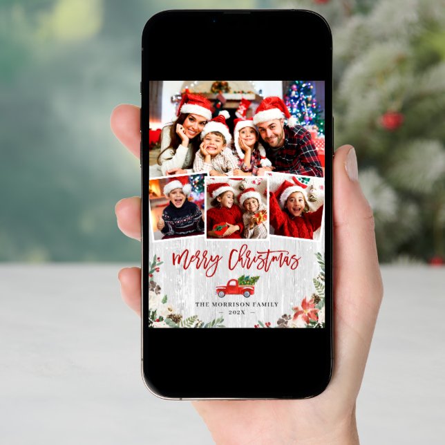 Christmas Truck Rustic White Birch Bark 4 Photo Holiday Card (Front Digital)