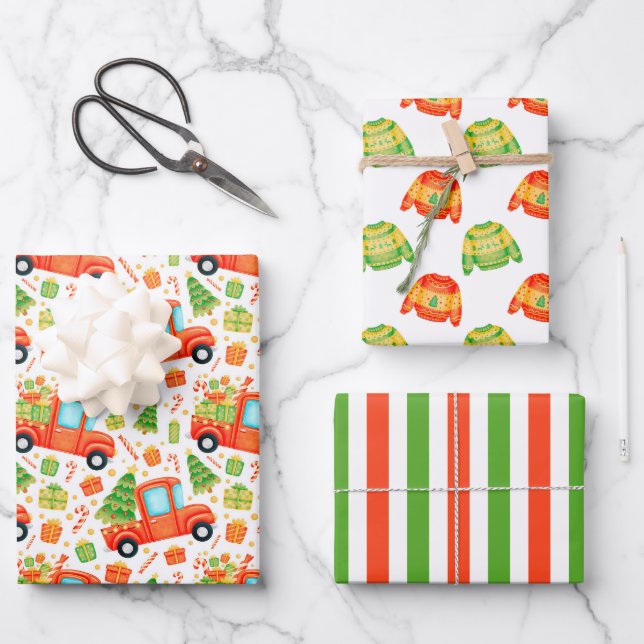 Christmas Truck & Sweaters Wrapping Paper Set of 3 (Front)