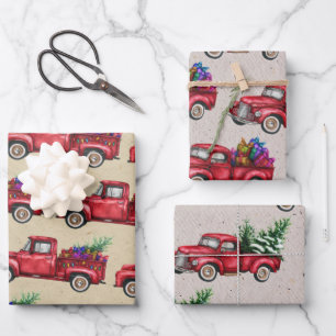 Christmas Truck, Tree, Presents on Faux Kraft Wrapping Paper Sheets
