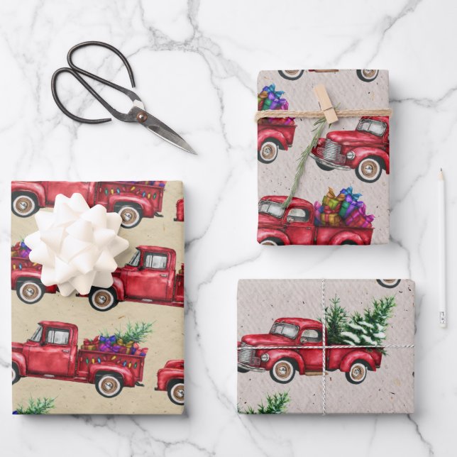Christmas Truck, Tree, Presents on Faux Kraft Wrapping Paper Sheets (Front)