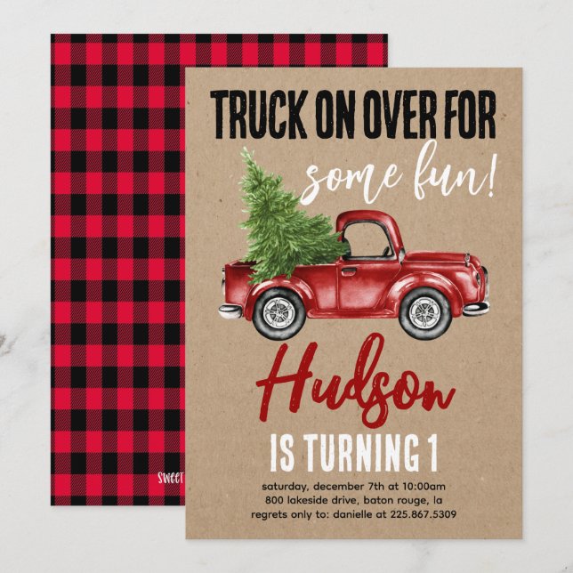 Christmas Truck Winter First Birthday Kraft Invite (Front/Back)