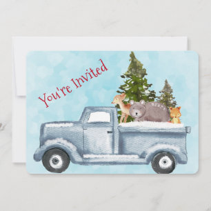 Christmas Truck with Cute Animals Party Invitation