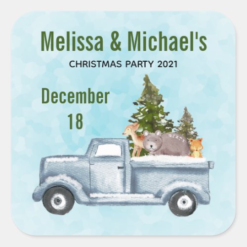 Christmas Truck with Cute Animals Save the Date Square Sticker