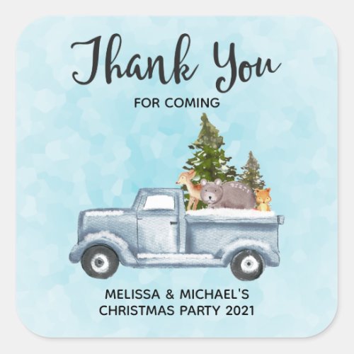 Christmas Truck with Cute Animals Thank You Party Square Sticker