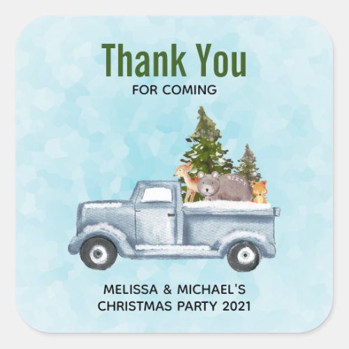 Christmas Truck with Cute Animals Thank You Party Square Sticker