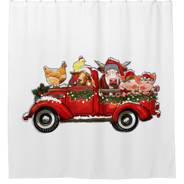 christmas truck with farm animals cow pig chicken  shower curtain (Front)