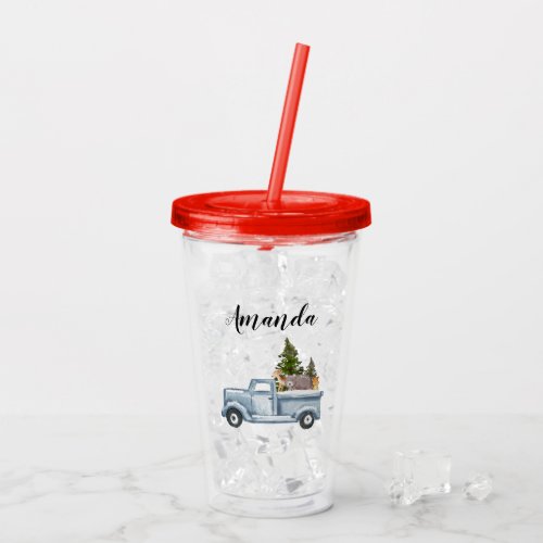 Christmas Truck with Pine Trees  Forest Animals Acrylic Tumbler