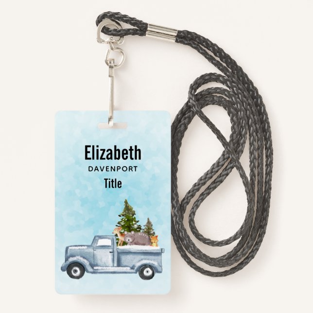 Christmas Truck with Pine Trees & Forest Animals Badge (Front with Lanyard)