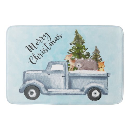 Christmas Truck with Pine Trees  Forest Animals Bath Mat