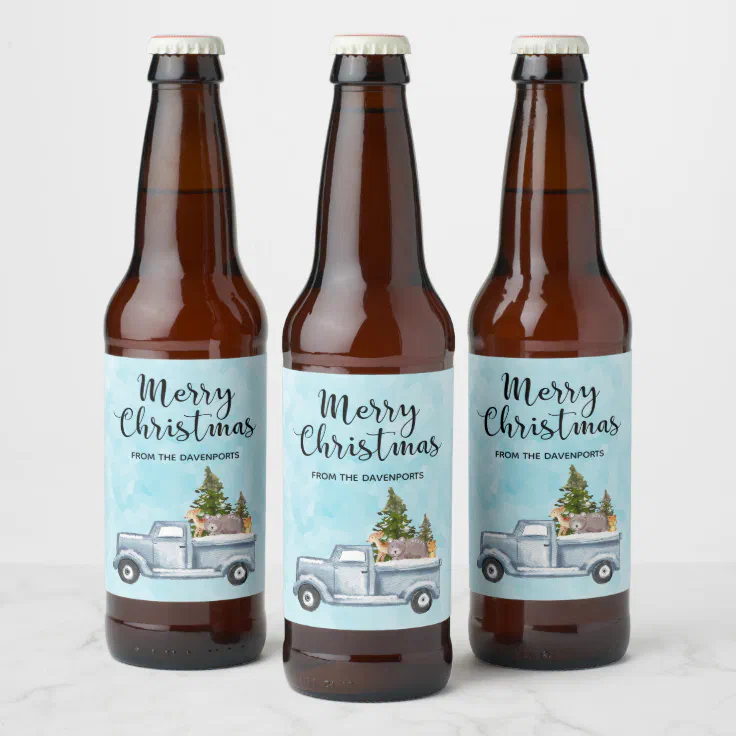 Christmas Truck with Pine Trees & Forest Animals Beer Bottle Label | Zazzle