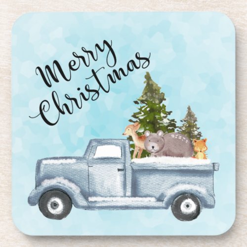 Christmas Truck with Pine Trees  Forest Animals Beverage Coaster