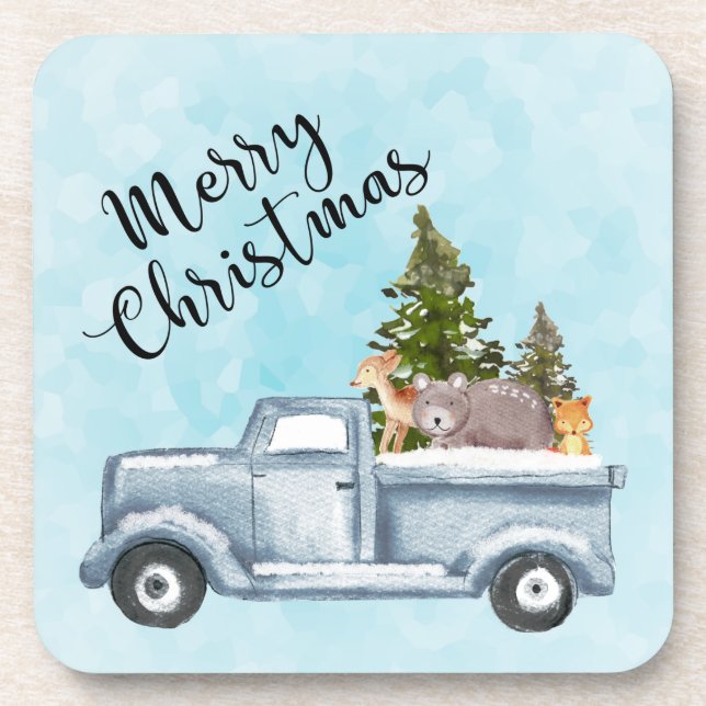 Christmas Truck with Pine Trees & Forest Animals Beverage Coaster (Front)