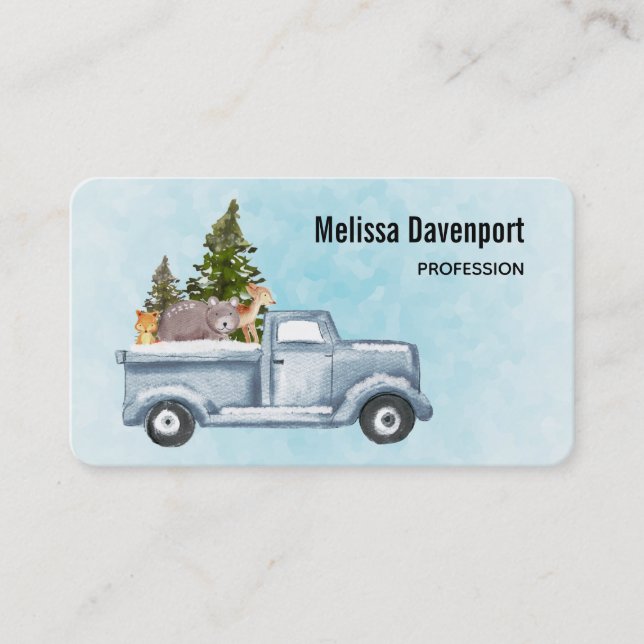 Christmas Truck with Pine Trees & Forest Animals Business Card (Front)