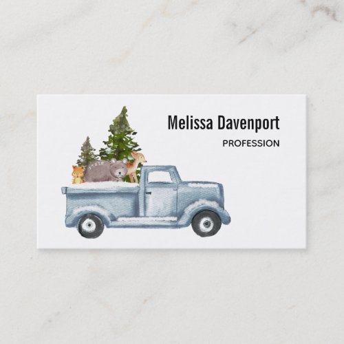 Christmas Truck with Pine Trees  Forest Animals Business Card