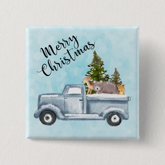 Christmas Truck with Pine Trees & Forest Animals Button (Front)