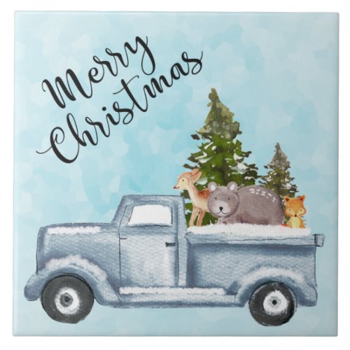 Christmas Truck with Pine Trees  Forest Animals Ceramic Tile