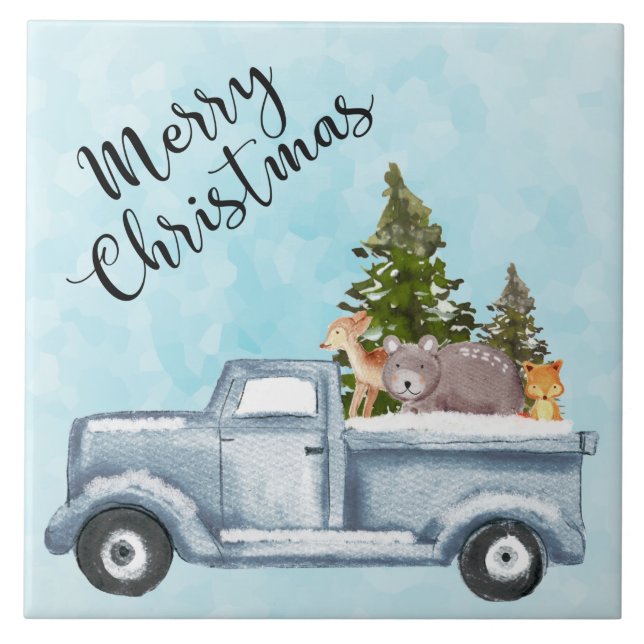 Christmas Truck with Pine Trees & Forest Animals Ceramic Tile (Front)