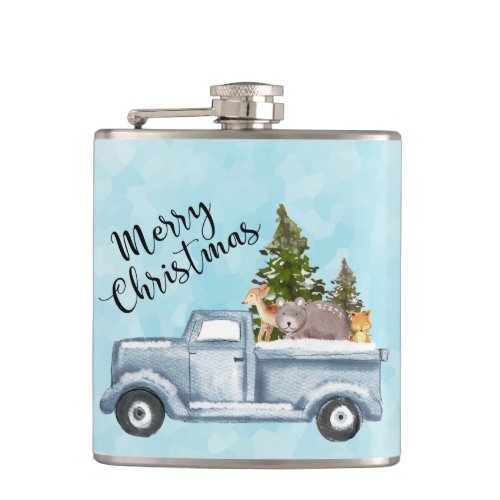 Christmas Truck with Pine Trees  Forest Animals Flask