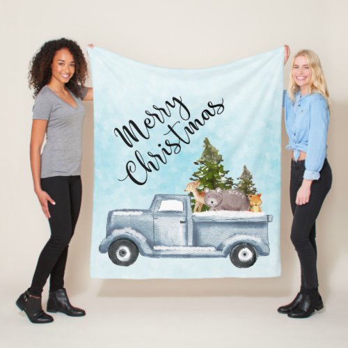 Christmas Truck with Pine Trees  Forest Animals Fleece Blanket