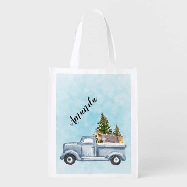Christmas Truck with Pine Trees & Forest Animals Grocery Bag (Front)