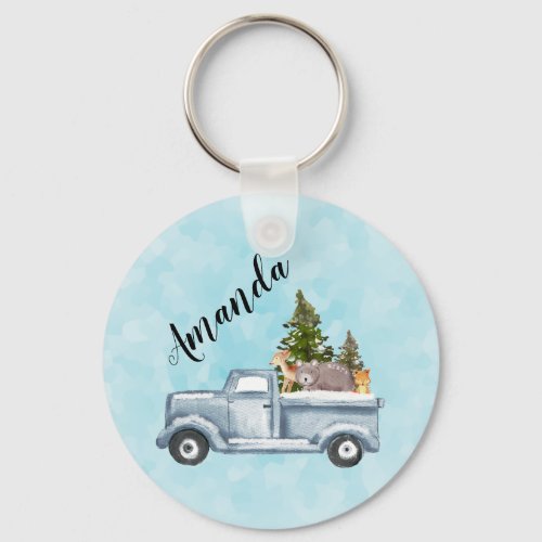 Christmas Truck with Pine Trees  Forest Animals Keychain