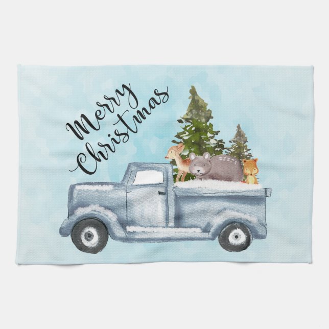 Christmas Truck with Pine Trees & Forest Animals Kitchen Towel (Horizontal)