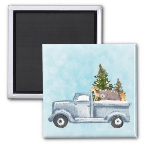 Christmas Truck with Pine Trees  Forest Animals Magnet