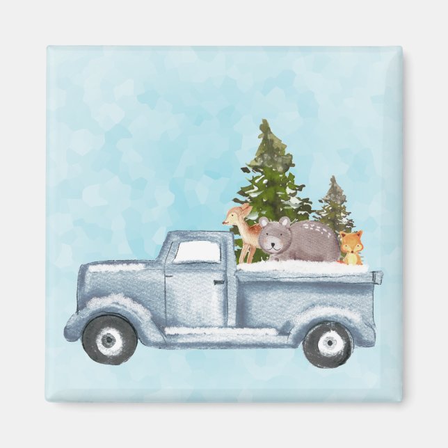 Christmas Truck with Pine Trees & Forest Animals Magnet (Front)