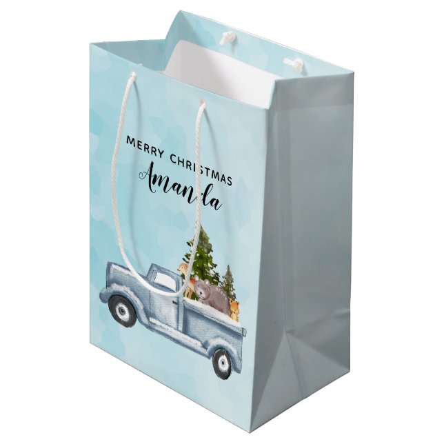 Christmas Truck with Pine Trees & Forest Animals Medium Gift Bag (Front Angled)