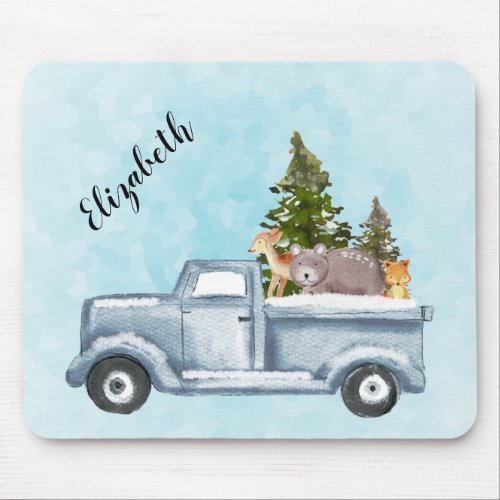 Christmas Truck with Pine Trees  Forest Animals Mouse Pad