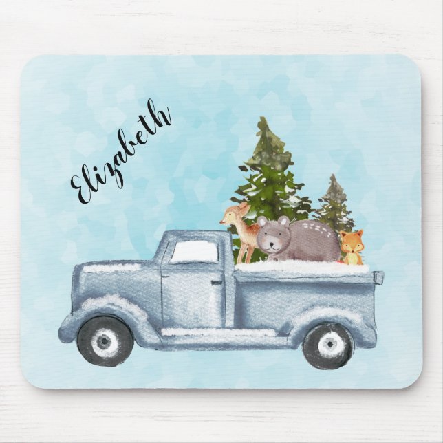 Christmas Truck with Pine Trees & Forest Animals Mouse Pad (Front)