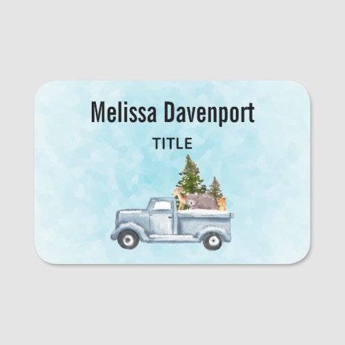Christmas Truck with Pine Trees  Forest Animals Name Tag