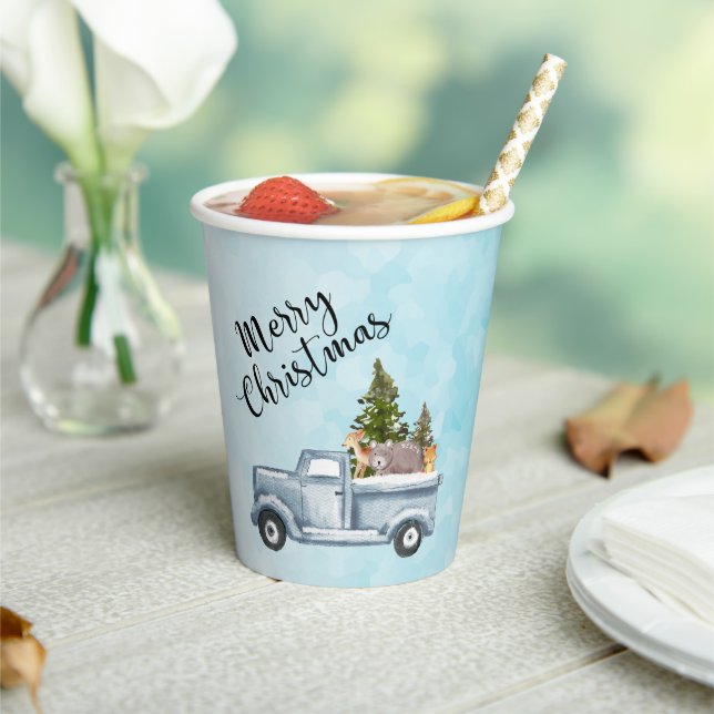 Christmas Truck with Pine Trees & Forest Animals Paper Cups (Insitu)