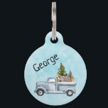 Christmas Truck with Pine Trees & Forest Animals Pet ID Tag<br><div class="desc">Personalized pet tag with a festive holiday design. A truck carrying Christmas pine trees along with some woodland animals. A bear a fox and a deer standing in the back going for a ride. Design created with watercolors.</div>
