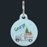 Christmas Truck with Pine Trees & Forest Animals Pet ID Tag<br><div class="desc">Personalized pet tag with a festive holiday design. A truck carrying Christmas pine trees along with some woodland animals. A bear a fox and a deer standing in the back going for a ride. Design created with watercolors.</div>
