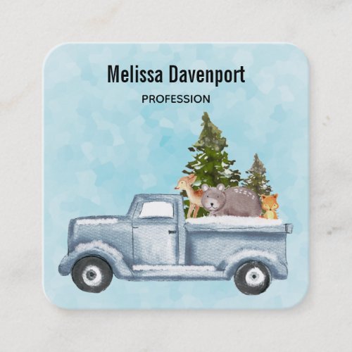 Christmas Truck with Pine Trees  Forest Animals Square Business Card
