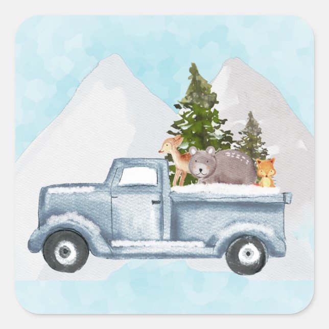 Christmas Truck with Pine Trees & Forest Animals Square Sticker (Front)