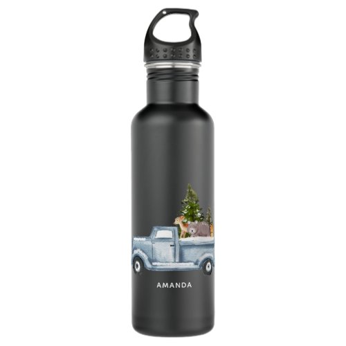 Christmas Truck with Pine Trees  Forest Animals Stainless Steel Water Bottle