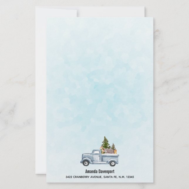 Christmas Truck with Pine Trees & Forest Animals Stationery (Front)