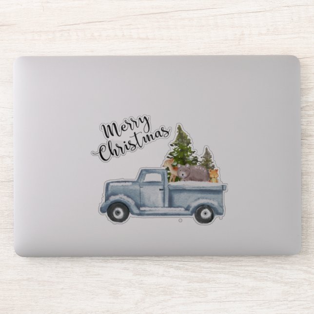 Christmas Truck with Pine Trees & Forest Animals Sticker (Computer)