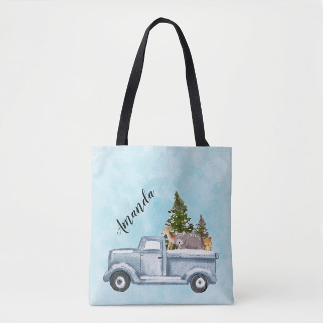  Christmas Truck with Pine Trees & Forest Animals Tote Bag (Front)
