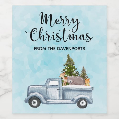 Christmas Truck with Pine Trees  Forest Animals Wine Label