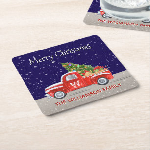 Christmas Truck With Snow at Night Monogrammed Square Paper Coaster