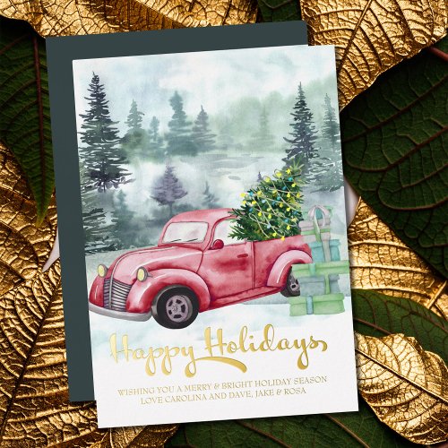 Christmas Truck with Tree Happy Holidays Gold Foil Holiday Card