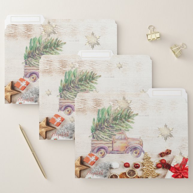 Christmas Truck,Wood ,Gold Snowflakes Wood File Folder (Set)