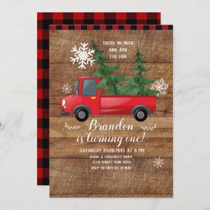 Christmas Truck Wood Red Plaid Birthday Invitation