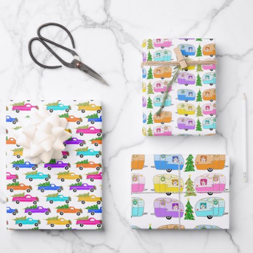 Christmas Trucks Xmas Trees Retro Trailers Campers Wrapping Paper Sheets