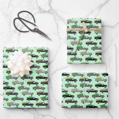 Christmas Trucks Xmas Trees Wreath Grayscale Green Wrapping Paper Sheets